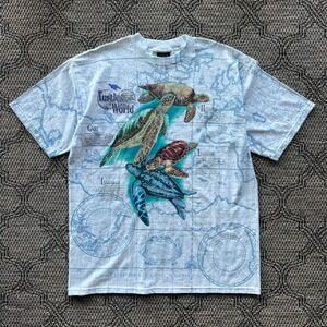 Vintage Habitat T-Shirt Mens XL‎ Blue Turtles of the World AOP Map Nature 90s